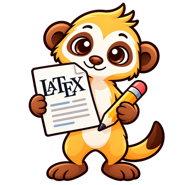 The meertex meerkat, standing upright with a LaTeX page in one paw and a pencil in the other.