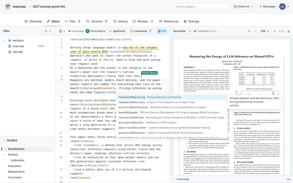 The browser editor with the file tree, the introduction of a paper, a coauthor's cursor labelled Tomás Ibarra, an open completion list of citation keys with their titles, and the compiled two-column PDF on the right.