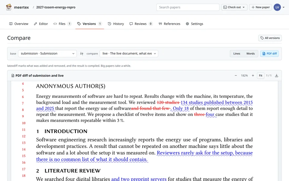 The Compare view showing a PDF diff of a journal paper, with removed words struck through in red and added words underlined in blue.
