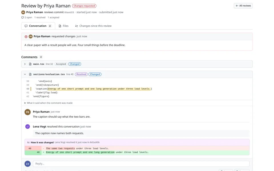 A submitted review with changes requested, two open, one resolved and one accepted comment, and a resolved thread that shows how a figure caption was changed.