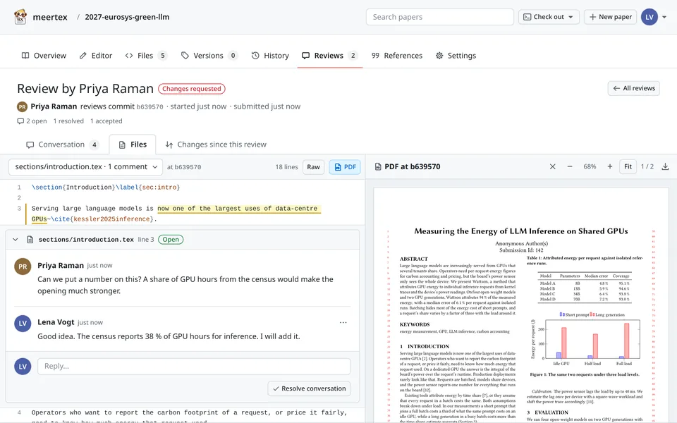 The Files view of a review, with the LaTeX source and a comment under its line on the left and the PDF of the reviewed commit on the right.