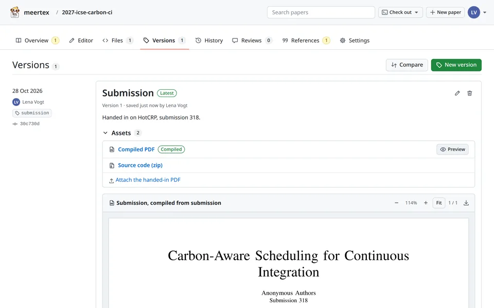 The Versions tab with the submission version, its compiled PDF, the source as a zip and a link to attach the handed-in PDF.